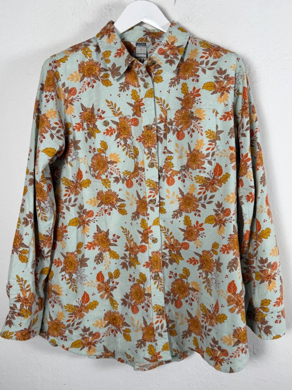 Duluth Trading Co Autumn Floral Button Up Shirt Chest Pockets Cotton Top Large